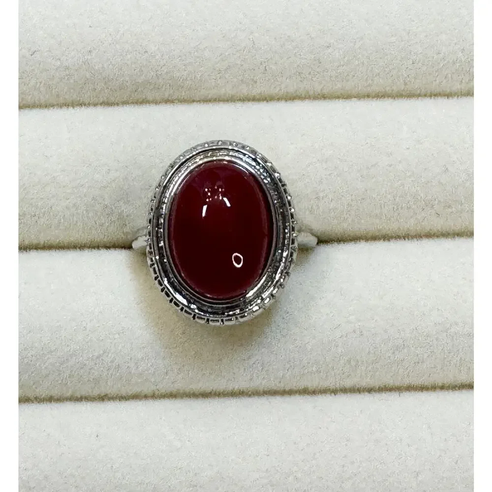 New Size 8 Red Oval Cabochon Ring Silver Tone Vintage Style Statement Ring R005